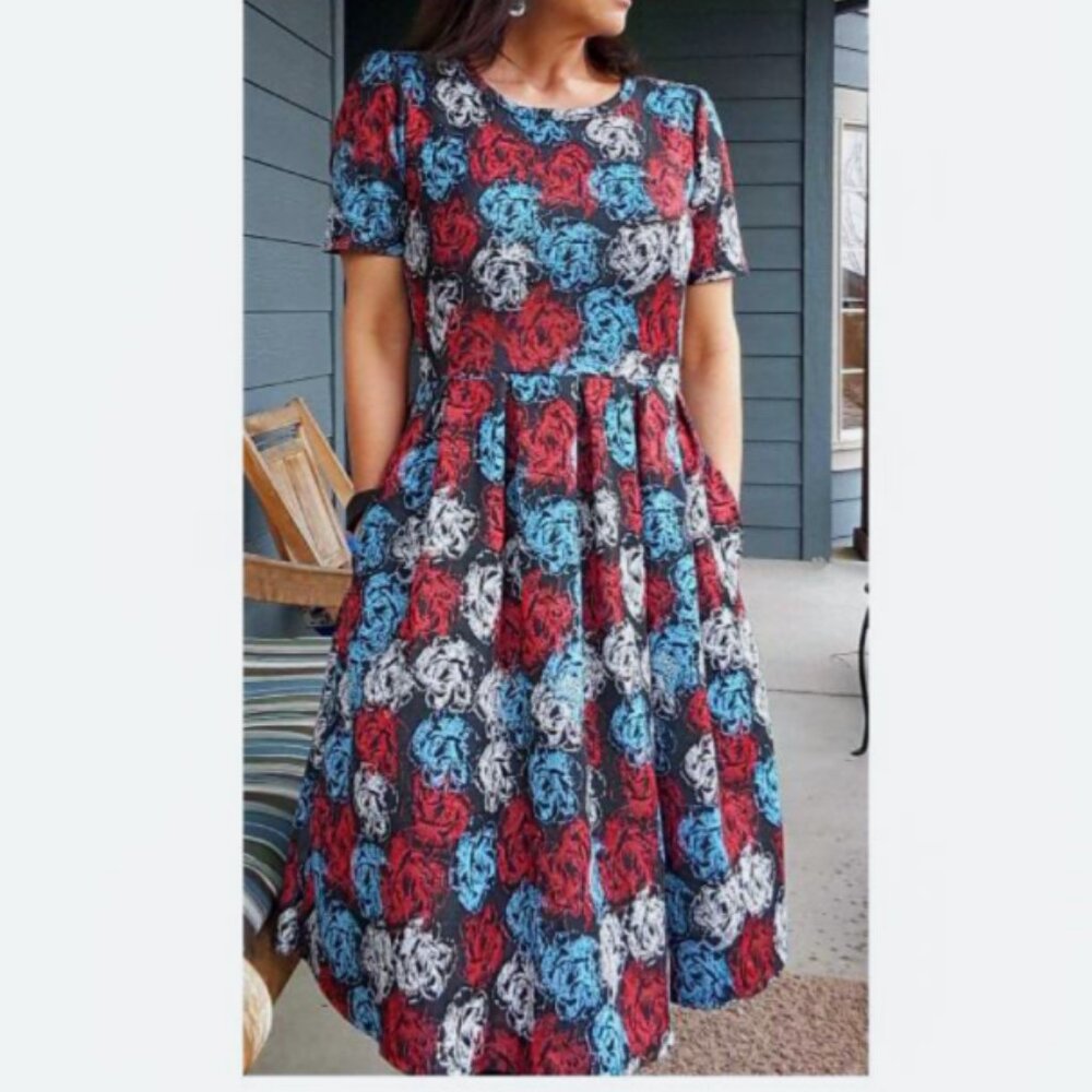 LuLaRoe Amelia Rose Midi Dress in Red, Blue, and White Size XS